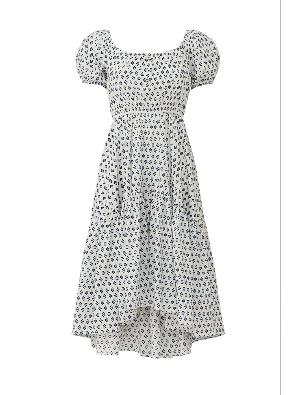 Caroline Constas | Bardot Flounce Dress | Blue & White Diamond Print